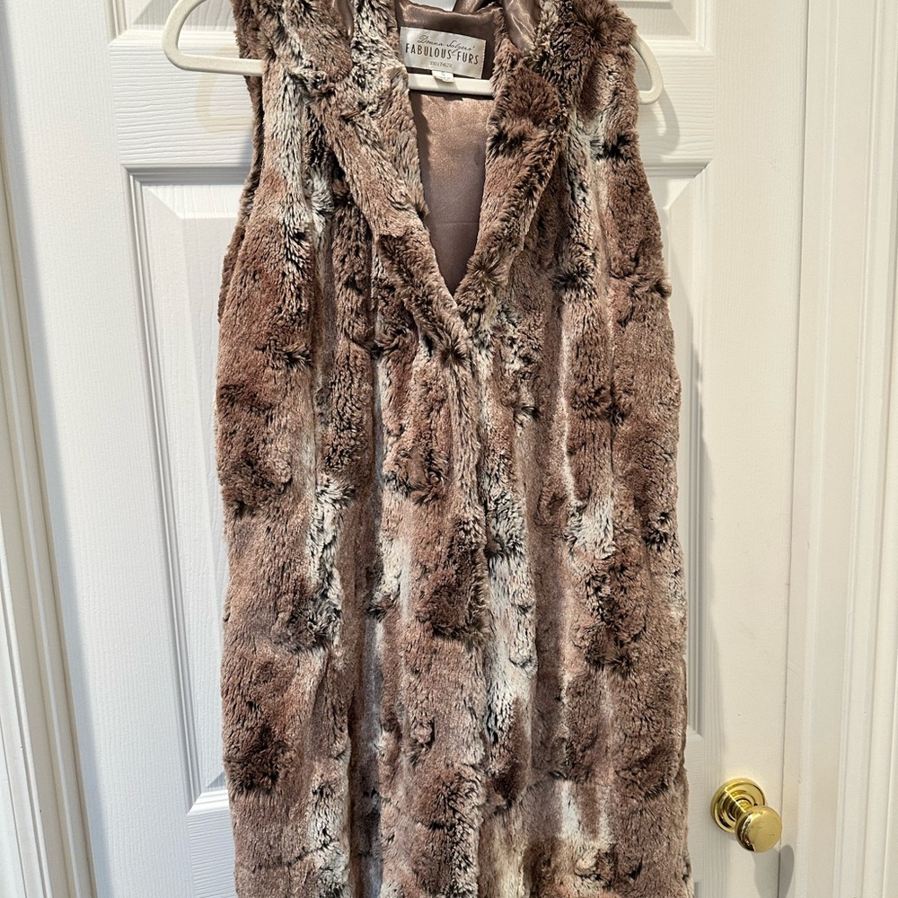 Fabulous Furs Brown and Cream Faux Fur Vest Trench Coat